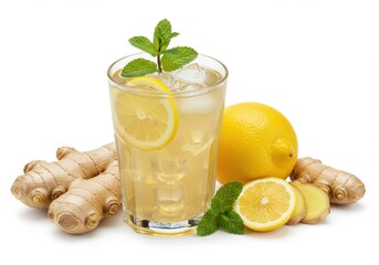 Fototapeta premium Refreshing ginger lemon drink with ice and mint garnish on a white surface with fresh ginger root