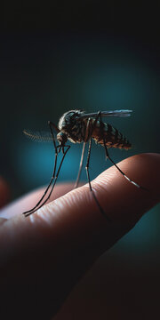 An extreme macro closeup of a mosquito, a common insect pest, sucking blood on skin