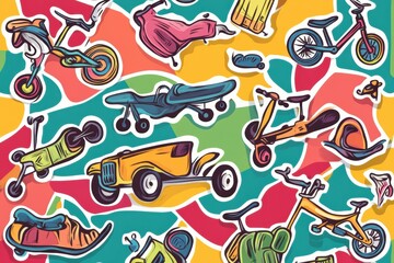 Colorful set of transportation stickers featuring planes, bikes, scooters, and skateboards on a vibrant background