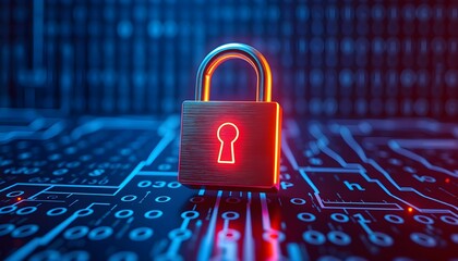 Digital security lock, glowing red padlock, binary code background, cybersecurity concept, data protection, blue matrix numbers, futuristic technology, neon lights