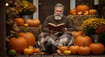 Cozy Autumn Porch: Man Reading Surrounded by Pumpkins and Flowers