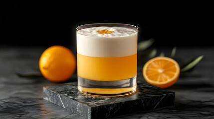 A layered orange cocktail garnished with orange zest.