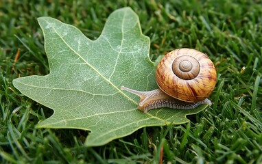 Snail on Green Leaf in Grass Macro Photography