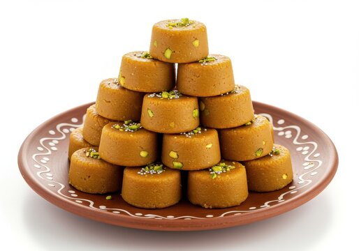 A stack of besan ladoo indian sweets on a brown plate with white background perfectly centered view
