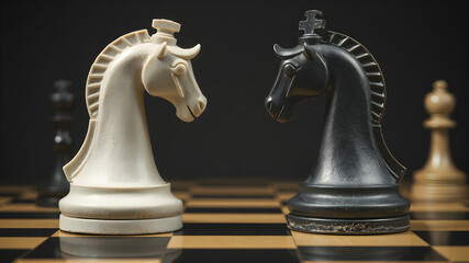 Two chess knights face each other in intense standoff on chessboard. White and black chess pieces 