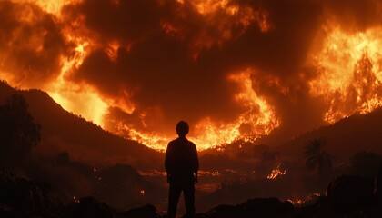Obraz premium Silhouette of a person amidst a raging fire