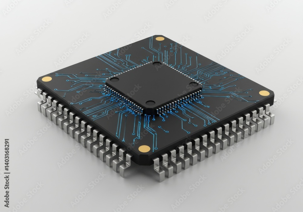 Poster a close up shot of a black computer chip with blue wiring on a white surface in a studio setting