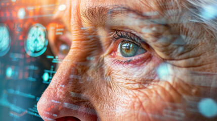 Elderly woman with concerned expression symbolizing dementia risk and memory loss, brain scan in background representing cognitive decline and aging health issues.