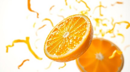 Suspended Orange Slice and Peel on White