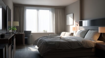 Sunlight streams into a modern hotel room, illuminating a neatly made bed and stylish furnishings.