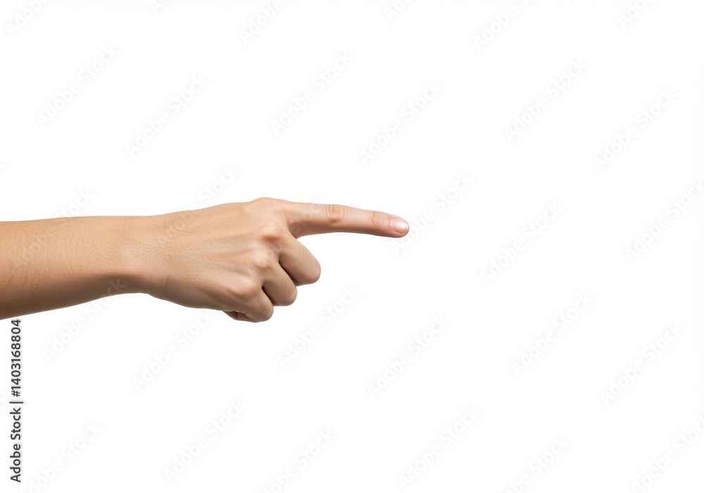 Poster a hand pointing to the right side of the frame against a plain white background in a studio shot
