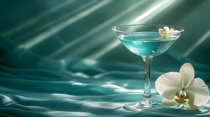 A teal cocktail glass, adorned with a white orchid, on a teal silk background.