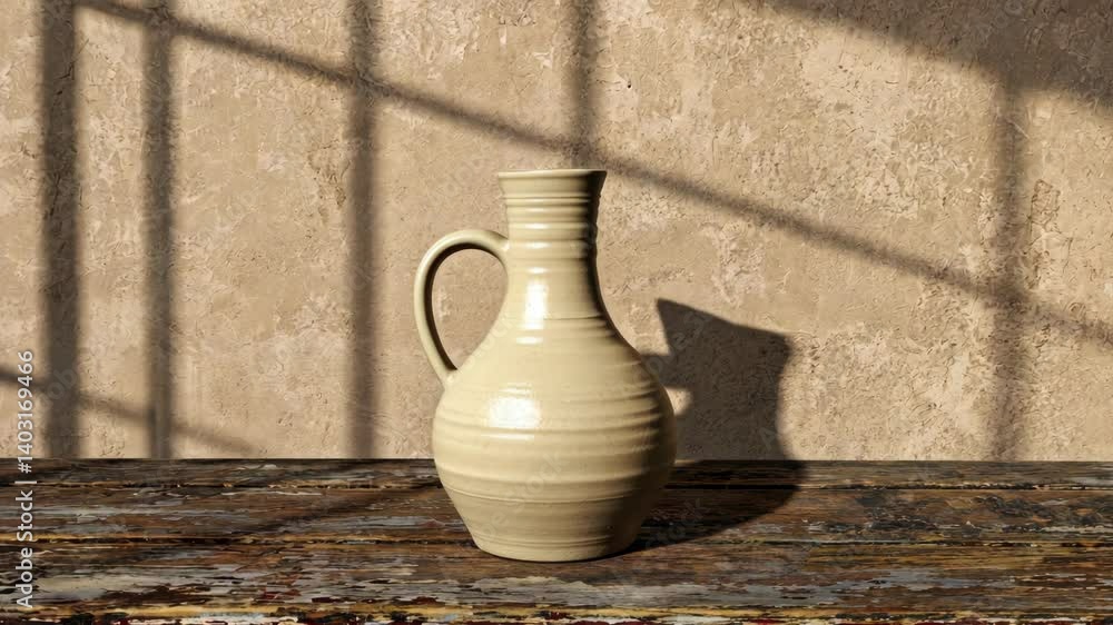 Poster elegant beige ceramic pitcher with handle sits on weathered wooden surface casting a soft shadow fro