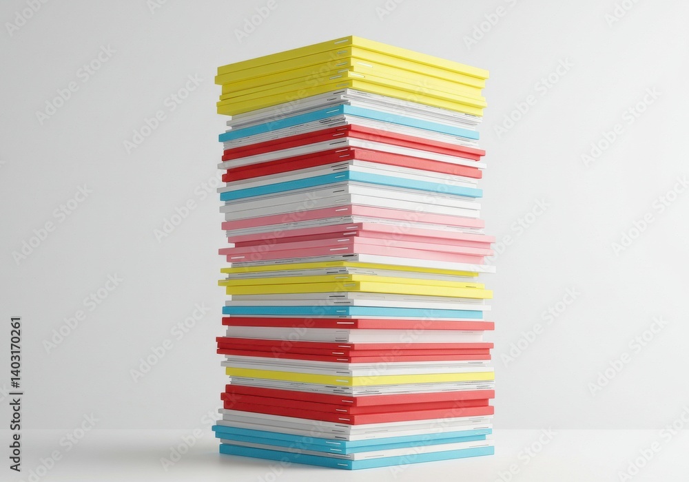 Poster tall stack of colorful papers arranged neatly on a white surface in a studio setting view from afar