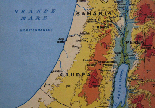 Ancient biblical map of Palestine showing Judea and surrounding regions at the time of Jesus, with major cities such as Jerusalem, Gaza, and Bethlehem.