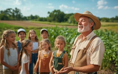 Fototapeta premium A Farmer Shares His Passion with Young Students in a Beautiful Rural Setting