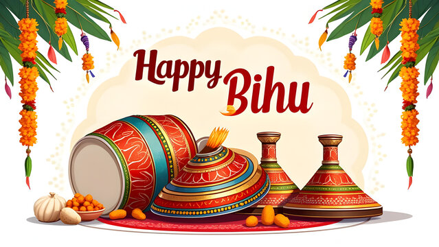 Vibrant Happy Bihu Festival Illustration: Traditional Assamese Drum (Dhol), Japi Hat, and Festive Garland Decorations on a Colorful Circular Pattern for Spring New Year Celebration in Assam, India