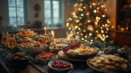 Naklejka premium Festive Christmas table, food, home, winter, celebration, lights, blurry tree, family gathering