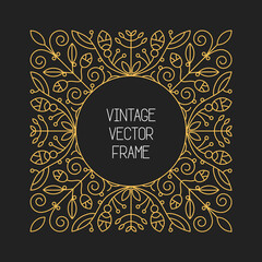 Vector vintage floral frame on black background in mono thin line style