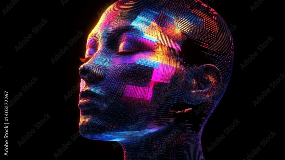 Wall mural abstract background with grid head and neon lines, emphasizing digitalization and technology. great 