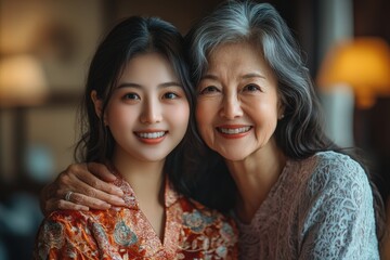 Elderly Asian Mother and Daughter Hug on Happy Mother's Day Celebration, Smiling for Photo.Fictional Character Created By Generative AI