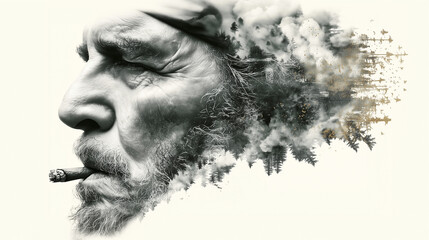 Cuban Revolution double exposure of guerrilla fighter smoking cigar with forest and smoke merging into face in surreal monochrome art
