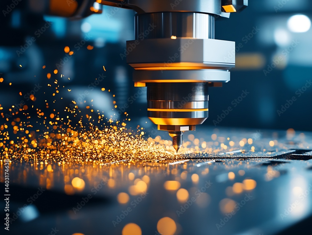 Aufkleber high precision laser cutting process with sparks flying in a modern industrial setting : generative 