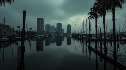 Naklejka premium Cityscape marina dawn, foggy harbor, reflections, boats, moody