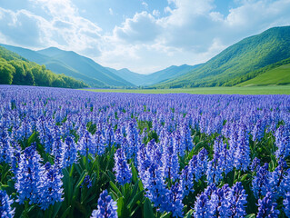 a field of vibrant purple flowers with green stems and leaves, set against a backdrop of rolling green hills and a partly cloudy sky.