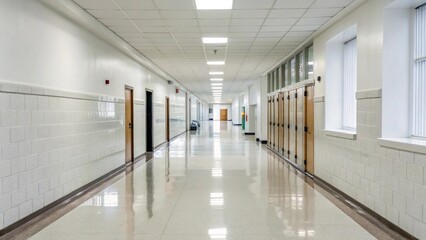 Bright Clean School Hallway with Natural Light Through Windows Modern Educational Interior