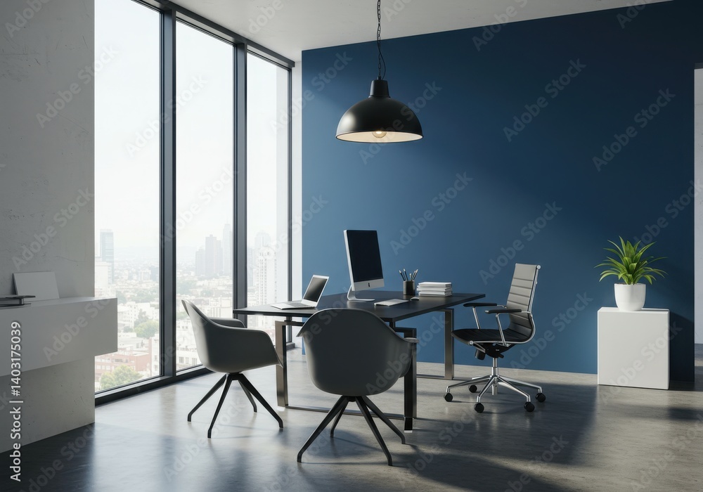 Poster a modern office space with a large window and blue wall featuring desks chairs and computers setup