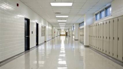 Bright Clean School Hallway with Natural Light Through Windows Modern Educational Interior
