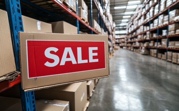 A warehouse brimming with rows of cardboard boxes, where a striking red "SALE" sign captures attention, representing bulk discounts and clearance sales
