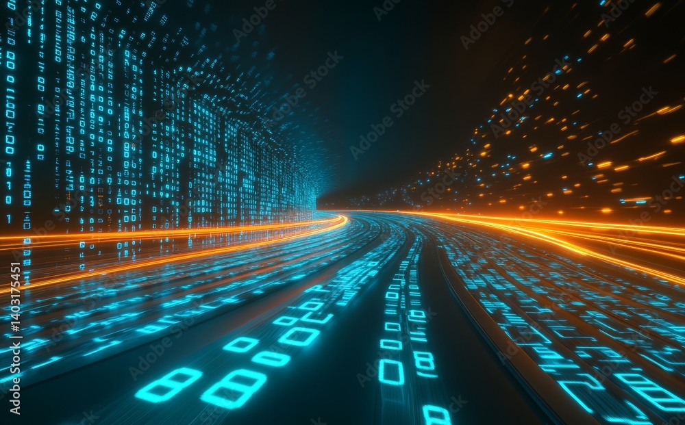 Poster rapid broadband visualization, shining particle streams swirling into a vortex of fast digital data 