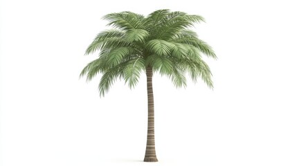 Palm tree with lush green fronds against a white background