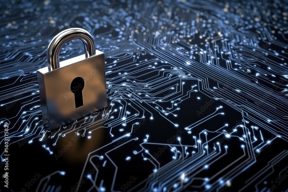 Poster digital padlock on a circuit board with glowing connections and data patterns