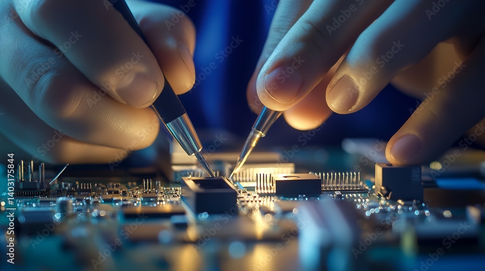 Poster technician carefully working on a circuit board with precision tools in a detailed electronic repair