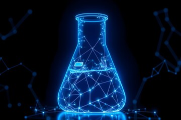 A glowing blue digital illustration of a laboratory flask made of interconnected nodes and lines on a black background, conveying a futuristic, scientific theme
