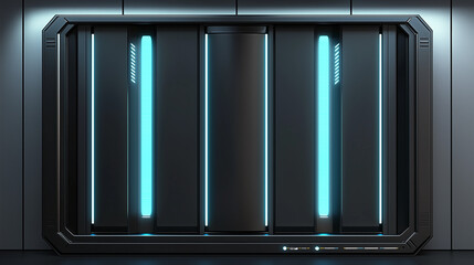Futuristic sci fi style sliding door with glowing neon blue lights and metallic frame in high-tech corridor or spaceship interior.