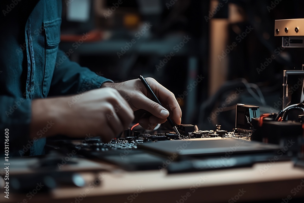 Poster detail of hands working on electronic circuit board repairing and assembling components in workshop 