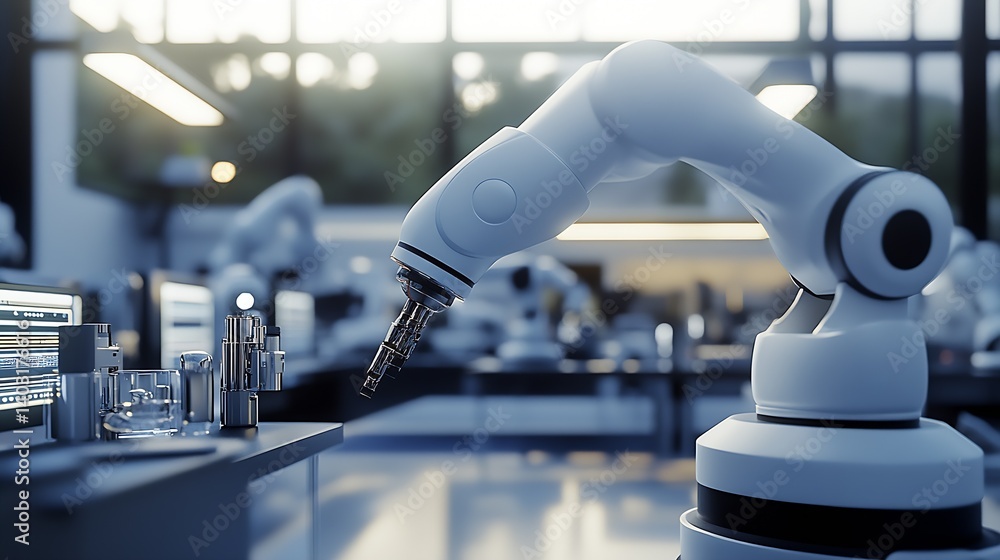 Poster Robotic arm in a modern lab environment poised for precise work with advanced technology and machinery : Generative AI