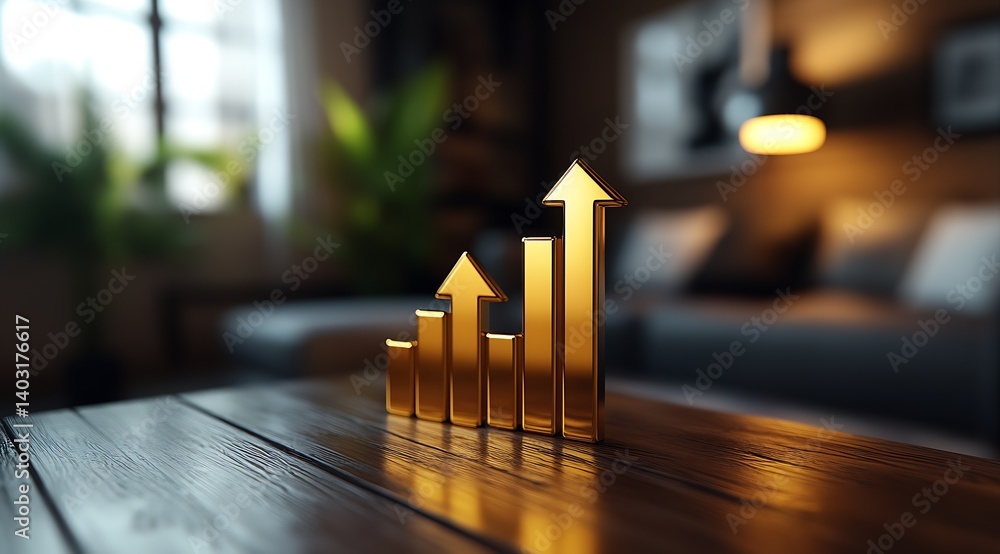 Poster golden chart increasing with arrows representing growth on a table in a modern room : generative ai