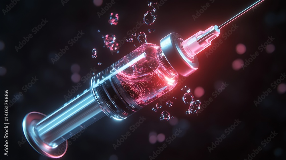 Poster Futuristic Syringe Design with Bright Red Liquid and Bubbles Illustrating Medical and Scientific Concepts : Generative AI