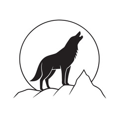 Wolf howling on rocky hilltop silhouette