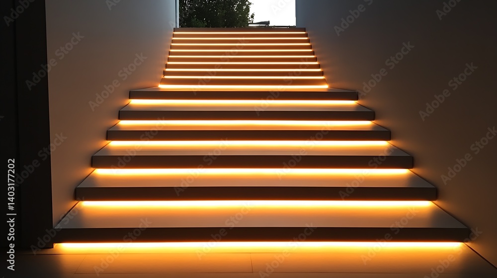 Poster Modern interior staircase illuminated with warm orange lights creating a calming atmosphere and inviting design element : Generative AI
