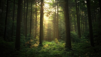 Sunlight piercing a dense forest canopy.