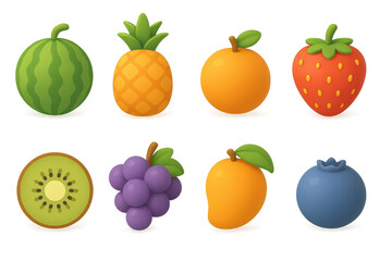 Vibrant 3d icon set featuring seasonal fruits for creative designs