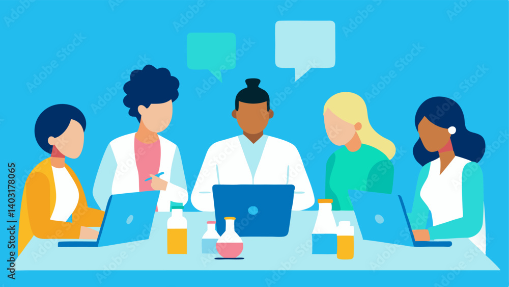 Poster research team collaboration a diverse team of scientists gathered around a table discussing their fi