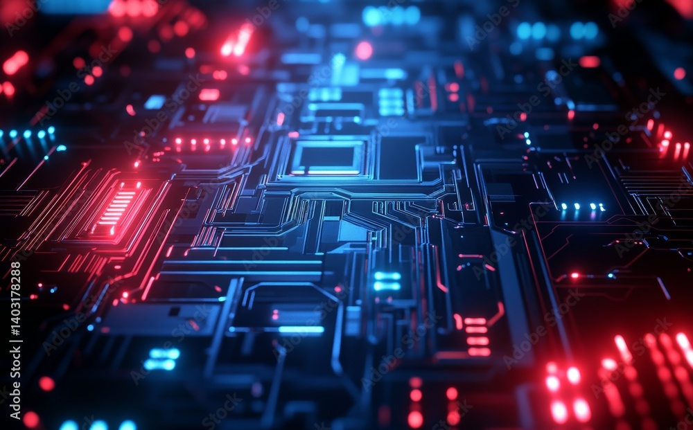 Poster a hyper-detailed shot of a microchip, featuring glowing circuits and flowing data streams, reflectin