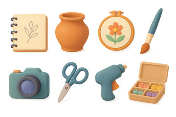 Creative hobby 3d icons set featuring pottery, embroidery, painting, and more